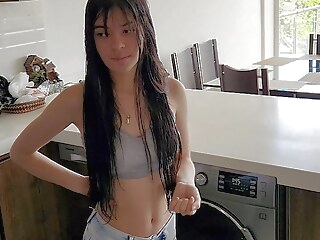 asian His stepsister needs help with the washing machine, he helps her undress and fucks her Tight jeans hidden camera Xxx Movie